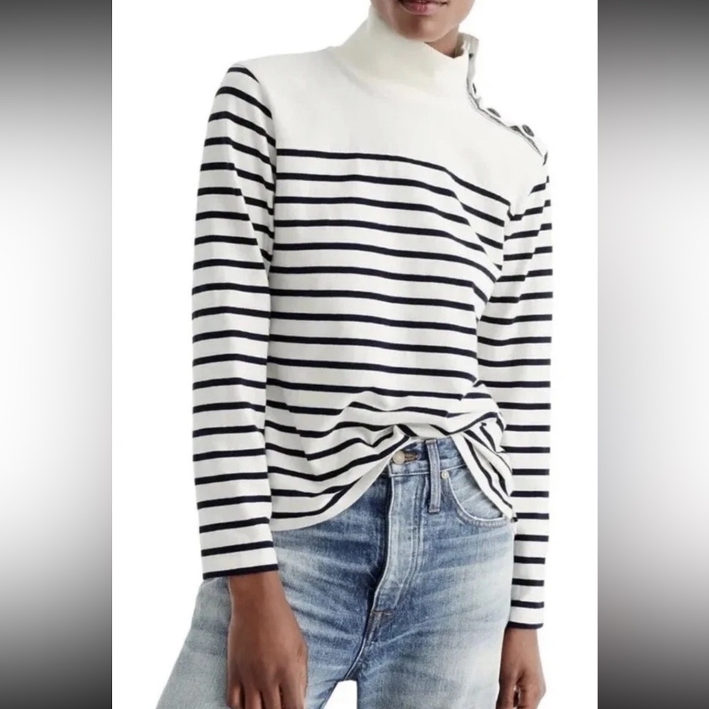 J Crew Striped Side Button Mock Neck Sweater